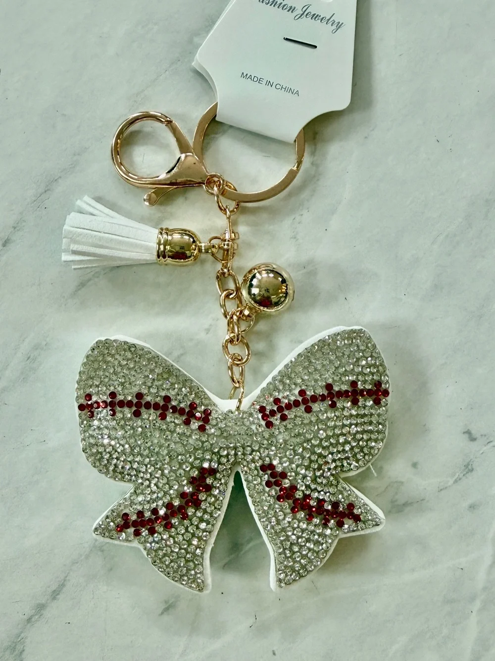 ✨ NWT Rhinestone Bling Baseball Bow Keychain & Bag Charm with tassel ✨